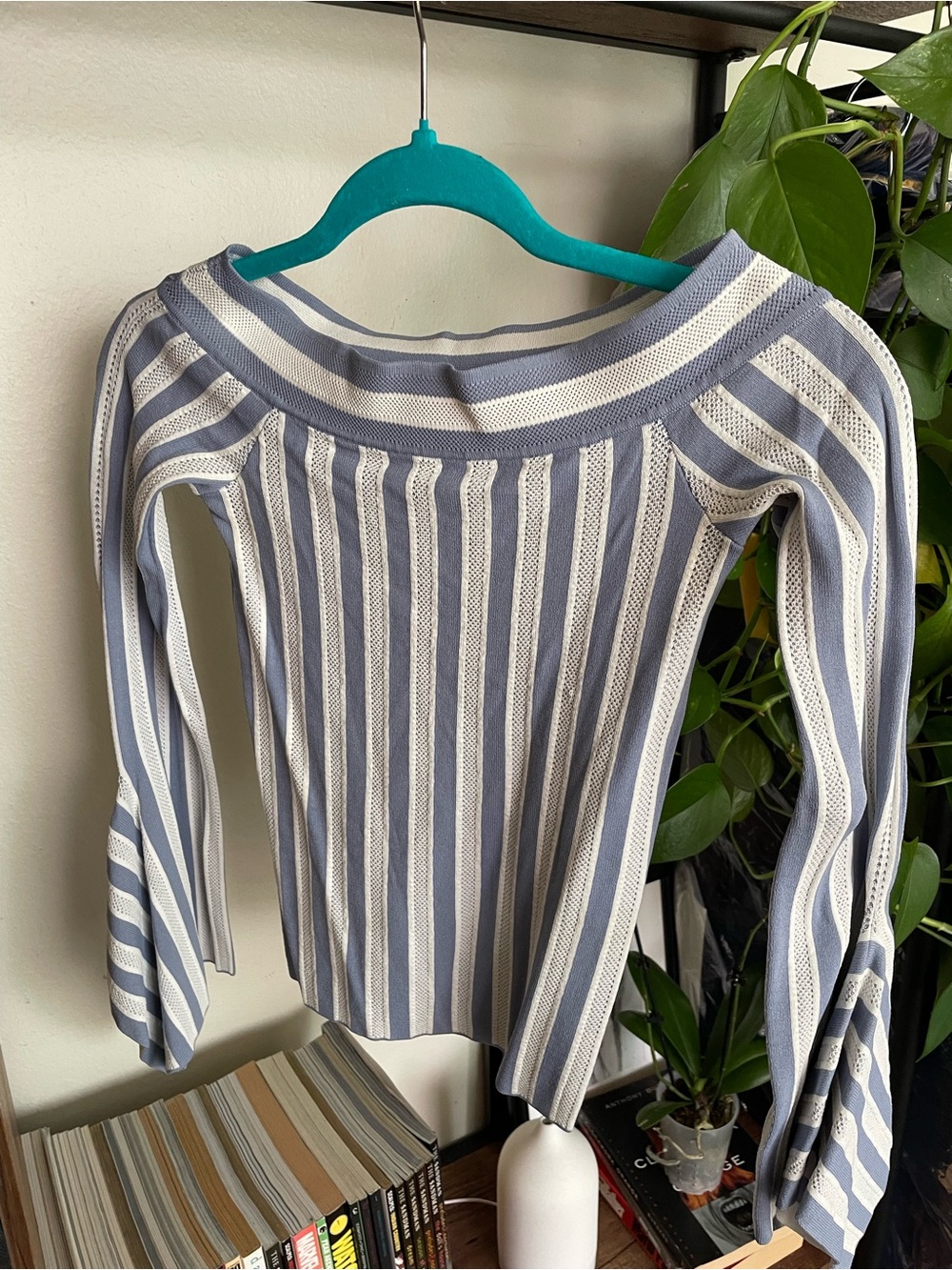 BCBGMaxAzria Blue and White Striped Off-Shoulder Knit Top